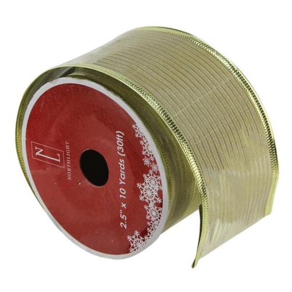 Northlight Shimmery Gold Horizontal Striped Christmas Wired Craft Ribbon 2.5" x 10 Yards