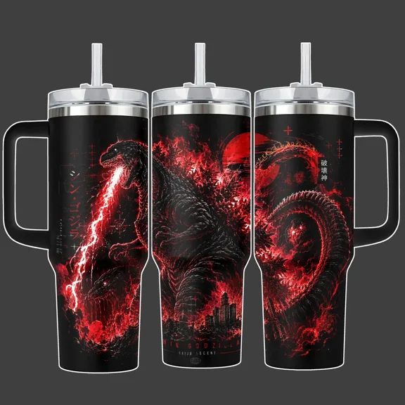 Shin Godzilla Atomic Breath Kaiju Tumbler Cup, Red Black Monster Full Wrap Stainless Steel Insulated Tumbler 20oz/40oz With Straw Lid Included, 40oz Handle Option
