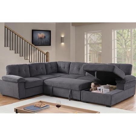 Shin Polyester Corduroy Sleeper Sofa Bed With Storage Chaise Dark Gray