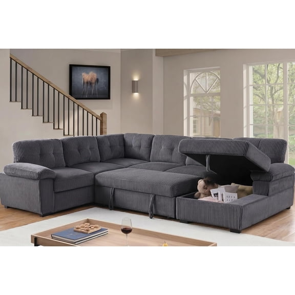 Shin Polyester Corduroy Sleeper Sofa Bed With Storage Chaise Dark Gray