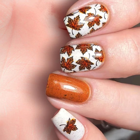 Shine Artificial Tips 24Pcs Kit Maple Leaf Design Short Rectangular Press on Nail Tips Glittering Face Not Need Adhesive