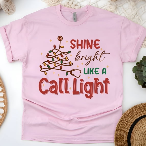 Shine Bright Call Light Nurse Graphic T-Shirt, Unisex Casual Tee, Light Pink, Size M