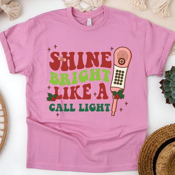 Shine Bright Call Light Nurse Graphic T-Shirt for Men and Women, Unisex Casual Tee, Azalea, Size 2XL