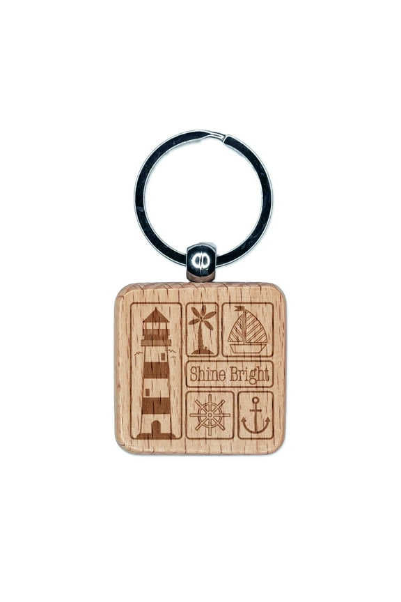 Shine Bright Lighthouse and Nautical Elements Square Keychain Charm Tag - Engraved Wood