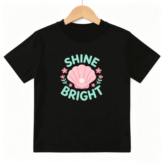 Shine Bright Shell Pearl Girls Graphic Tee, Cute Ocean Summer 100% Cotton Kids Short Sleeve T-Shirt 4-13Y
