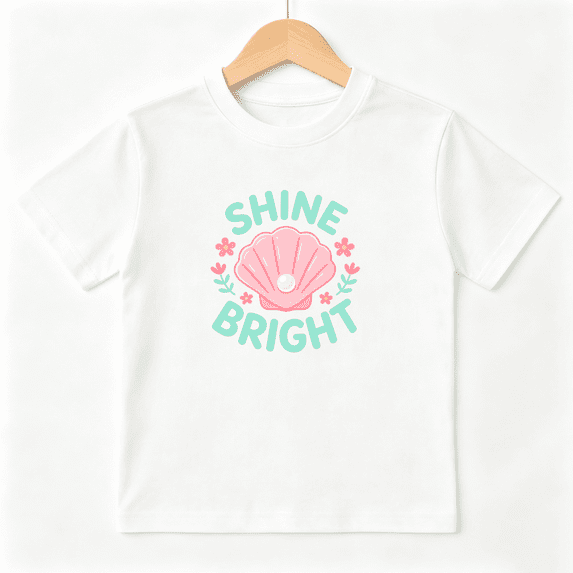 Shine Bright Shell Pearl Girls Graphic Tee, Cute Ocean Summer 100% Cotton Kids Short Sleeve T-Shirt 4-13Y