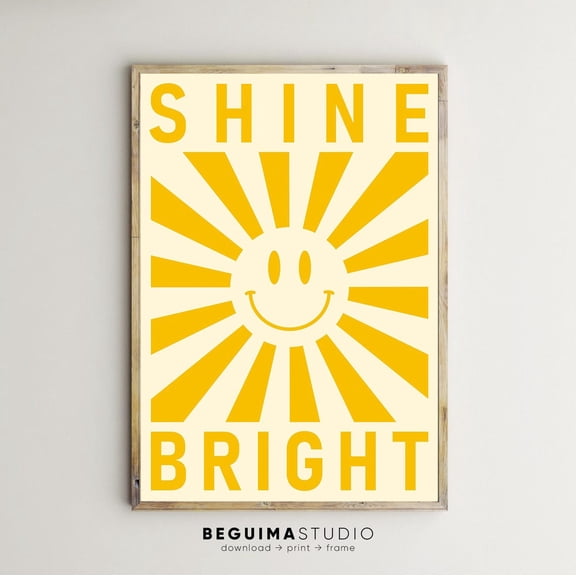 Shine Bright Smiley Prints Yellow Wall Art Nursery Sun Motivational Inspiring Unframed Paper Print