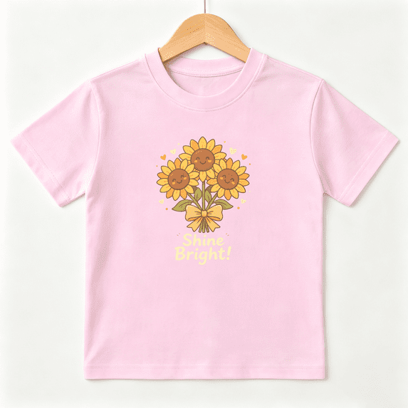 Shine Bright Sunflowers Girls Graphic Tee, Cute Retro Gift 100% Cotton Kids Short Sleeve T-Shirt 4-13Y