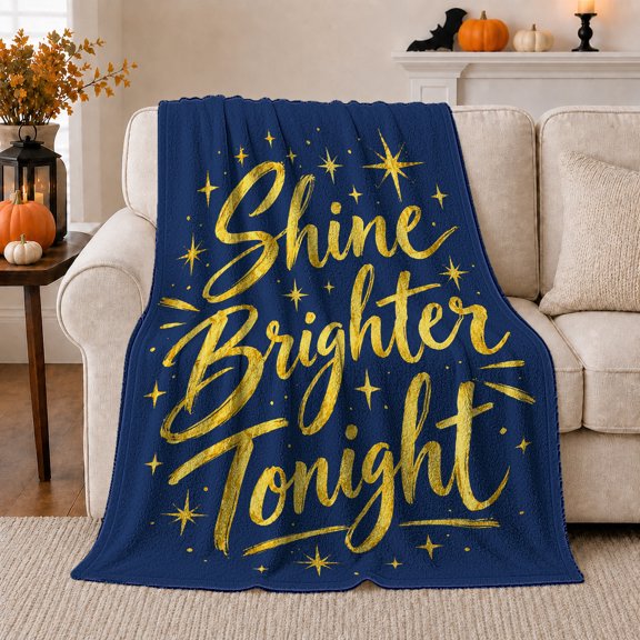 Shine Brighter Tonight Celestial Inspiration Gold Navy, Festive Holiday Scene, Warm Flannel Blanket for Living Room and Reading Nook, Art Lovers Christmas Gift, Festive Home Decor