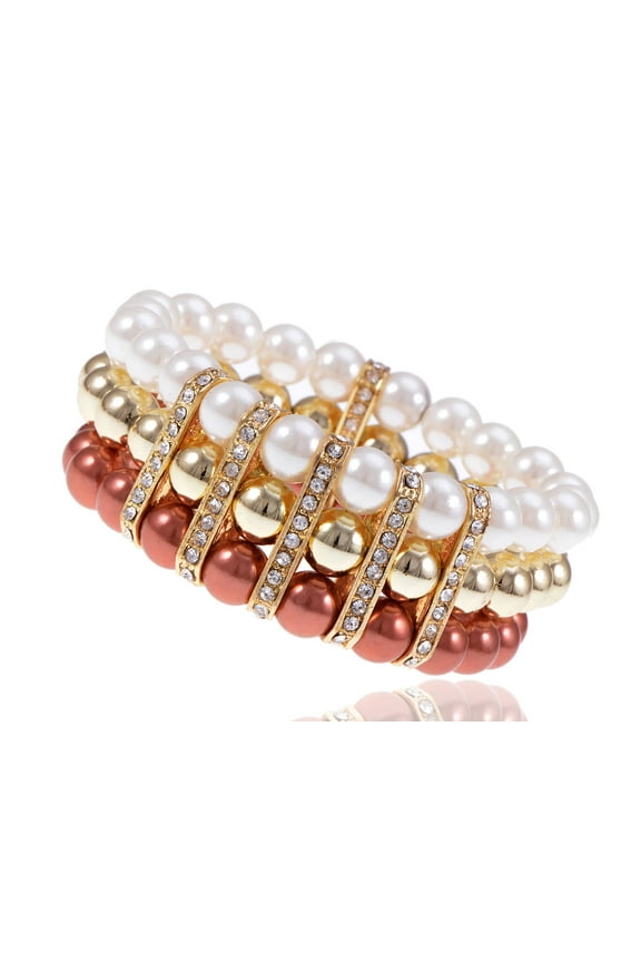 Shine Clear Crystal Rhinestones Faux Pearls Gold Beaded Bangle Bracelet