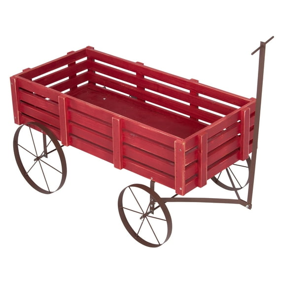 Shine Company Transitional Cedar Wood Decorative Wagon Garden Planter in Red