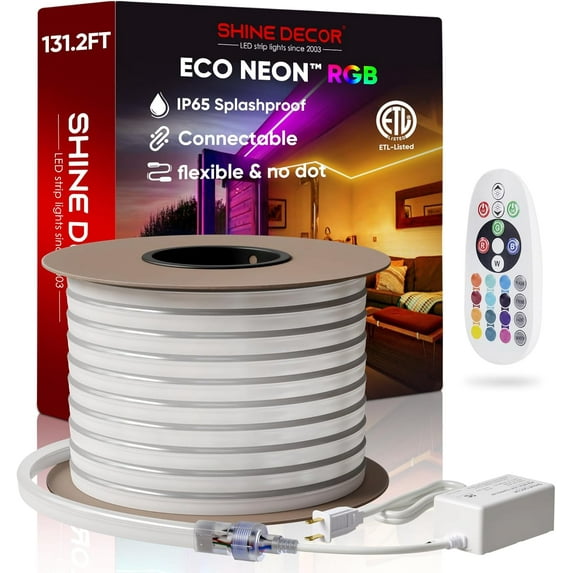Shine Decor 131.2FT LED RGB Neon Rope Lights, ETL-Listed AC 110-120V Neon LED Strip Lights SMD5050 80LED/m with Remote, Dimmable Multicolor Change Flexible Neon Rope Lighting Waterproof