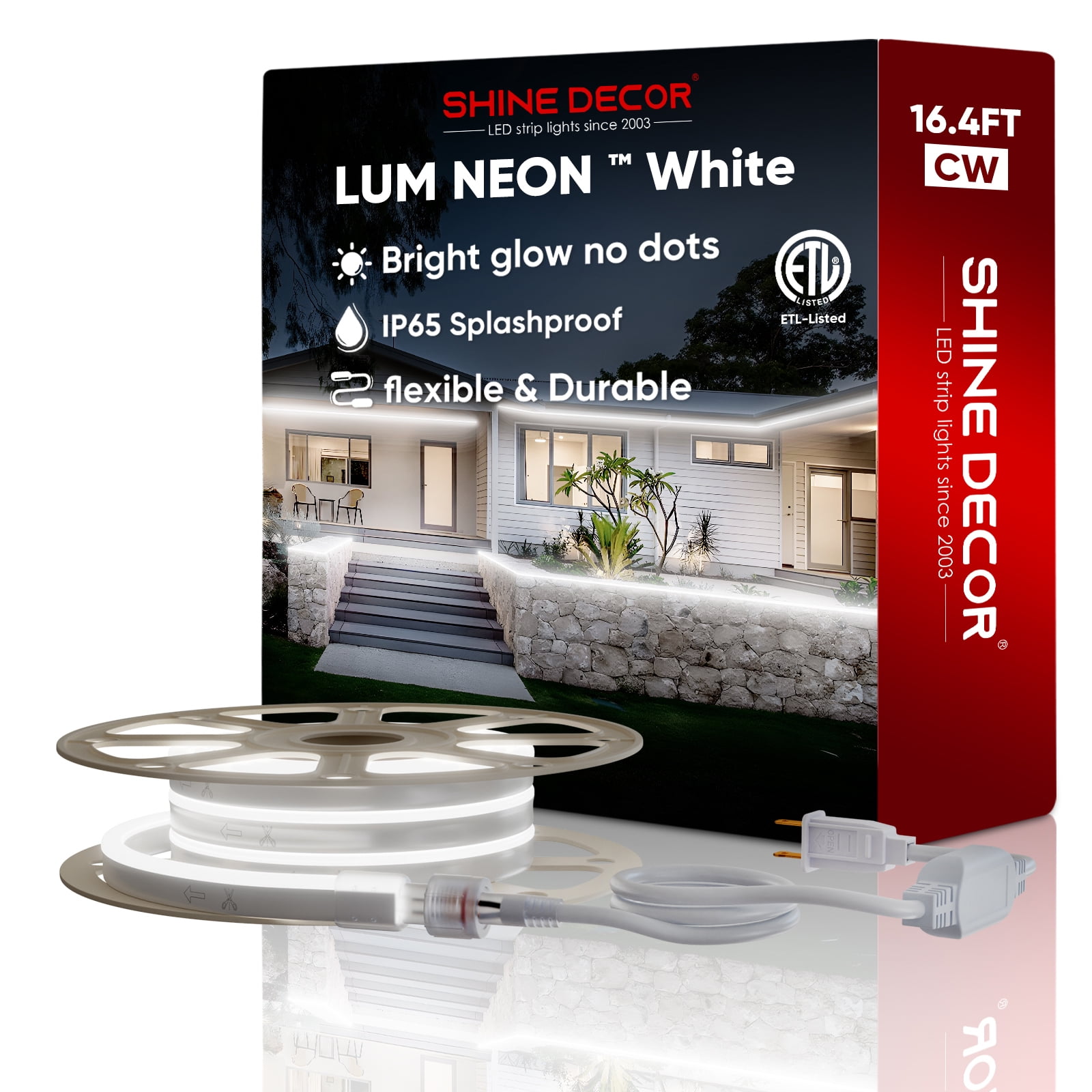 Shine Decor 16.4FT LED Neon Rope Lights, Bright 6300K Cool White AC110V-120V Neon Strip Light, 8x16mm Cuttable Waterproof SMD2835 120LED/M Indoor Outdoor Light Strips, DIY Ambiance Lighting Decoration