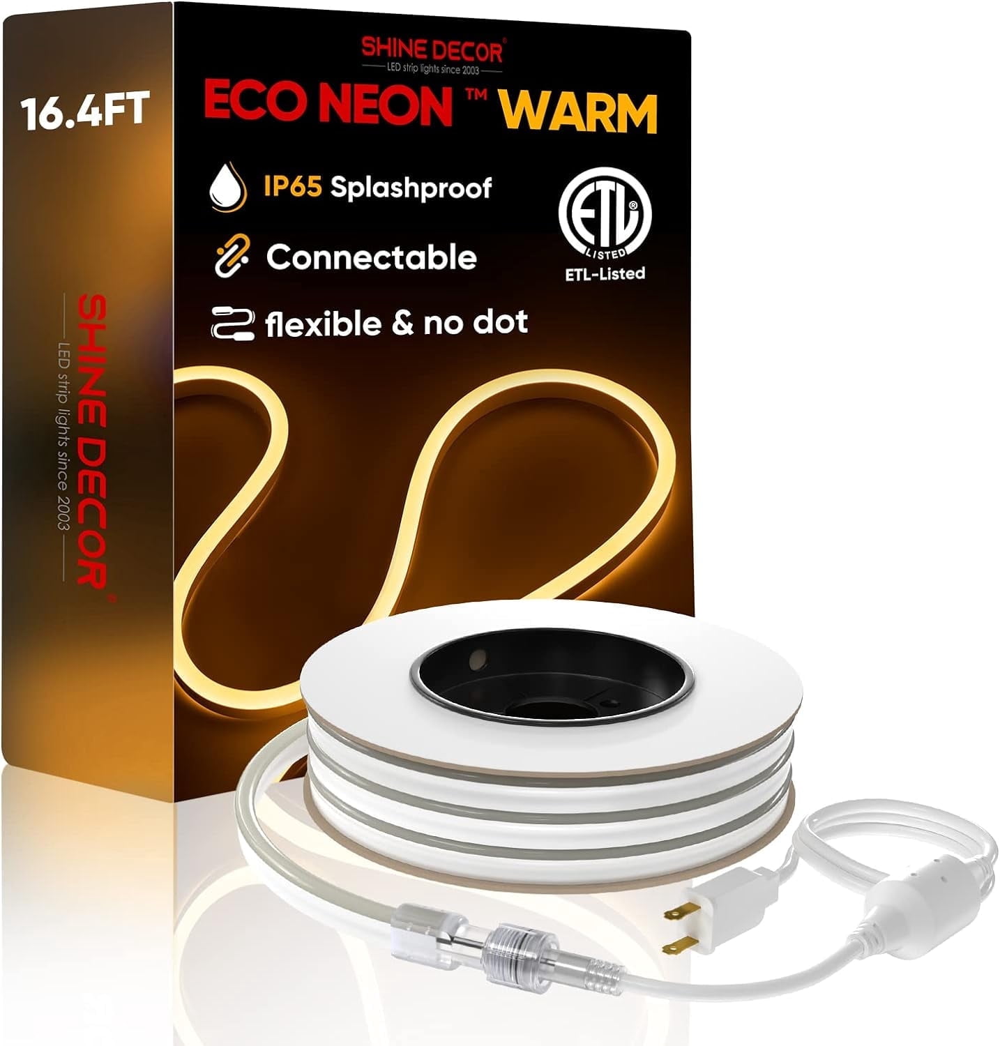 Shine Decor 16FT LED Neon Rope Lights Connectable,  Flexible AC 120V Neon (Warm White 2600k) Outdoor Waterproof, 5M ETL Plug&Play Neon String Lighting 120LED/M for Home Party Commercial