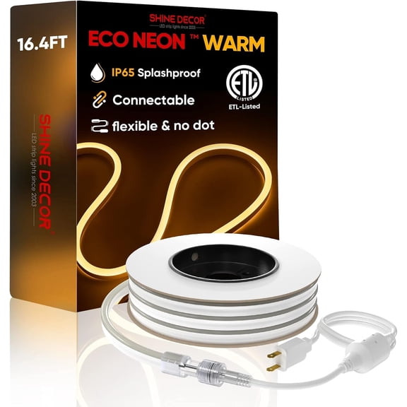 Shine Decor 16FT LED Neon Rope Lights Connectable,  Flexible AC 120V Neon (Warm White 2600k) Outdoor Waterproof, 5M ETL Plug&Play Neon String Lighting 120LED/M for Home Party Commercial