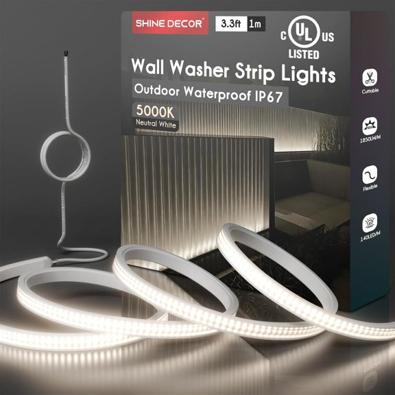 Shine Decor 24V LED Wall Washer Light Strip 3.3 FT, UL Listed IP67 Waterproof Linear Wall Grazer, 5000K Daylight White for Outdoor Commercial Lighting, Buildings, Church Illumination, Hardwired