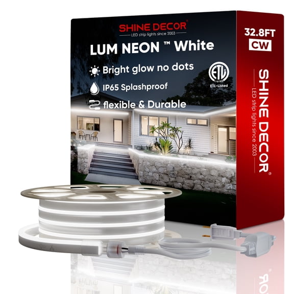 Shine Decor 32.8FT LED Neon Rope Lights, Bright 6300K Cool White AC110V-120V Neon Strip Light, 8x16mm Cuttable Waterproof SMD2835 120LED/M Indoor Outdoor Light Strips, DIY Ambiance Lighting Decoration