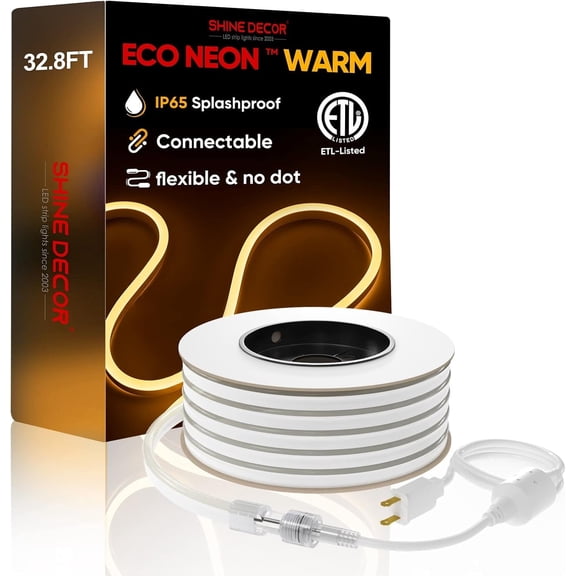 Shine Decor 32FT LED Neon Rope Lights Connectable, Flexible A 120V Neon LED Strip Lights(Warm White 2600K) Outdoor Waterproof, ETL Plug&Play 120LEDs/M for Home Commercial