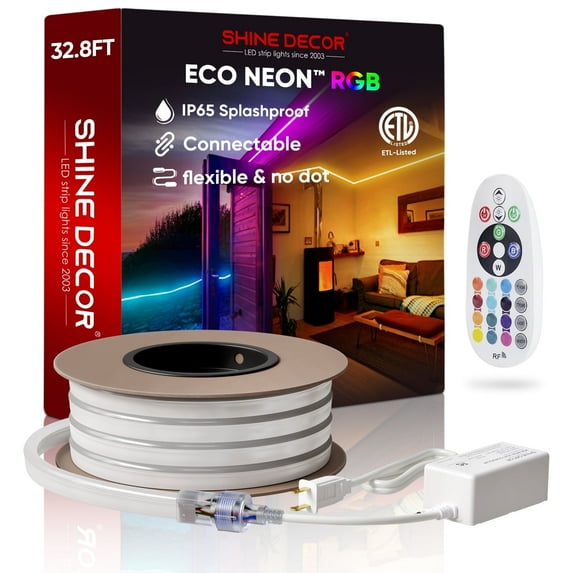 Shine Decor 32FT LED RGB Neon Rope Lights, ETL-Listed AC 110-120V Neon LED Strip Lights SMD5050 80LEDs/m with Remote, Dimmable Multicolor Change Flexible Neon Rope Lighting Waterproof for In&Outdoor