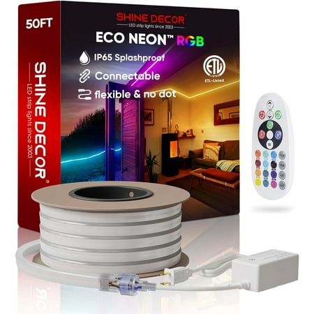 Shine Decor 50FT LED RGB Neon Rope Lights, ETL-Listed AC 110-120V Neon LED Strip Lights SMD5050 80LEDs/M with Remote, Dimmable Multicolor Change Flexible Neon Rope Lighting Waterproof for in&Outdoor