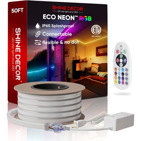 Shine Decor 50FT LED RGB Neon Rope Lights, ETL-Listed AC 110-120V Neon LED Strip Lights SMD5050 80LEDs/M with Remote, Dimmable Multicolor Change Flexible Neon Rope Lighting Waterproof for in&Outdoor