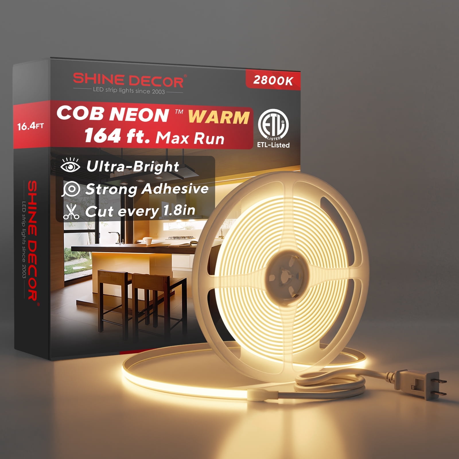 Shine Decor COB LED Neon Rope Light AC110-120V 16.4ft, 800lm Ultra Bright(2800K Warm White), Dimmable IP65 ETL Neon Strip Light, Cuttable LED Tape Light for Cabinet, Bedroom, Commercial 10x4.5mm