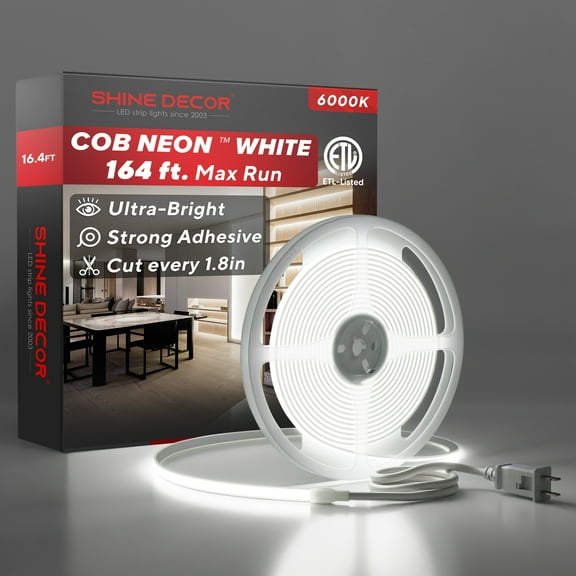Shine Decor COB LED Neon Rope Light AC110-120V 16.4ft, 800lm Ultra Bright(6000K Cool White), Dimmable IP65 ETL Neon Strip Light, Cuttable LED Tape Light for Cabinet, Bedroom, Commercial 10x4.5mm