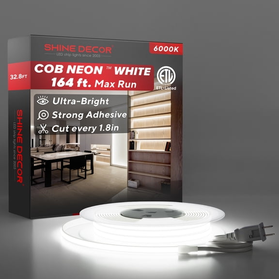 Shine Decor COB LED Neon Rope Light AC110-120V 32.8ft, 800lm Ultra Bright(6000K Cool White), Dimmable IP65 ETL Neon Strip Light, Cuttable LED Tape Light for Cabinet, Bedroom, Commercial 10x4.5mm