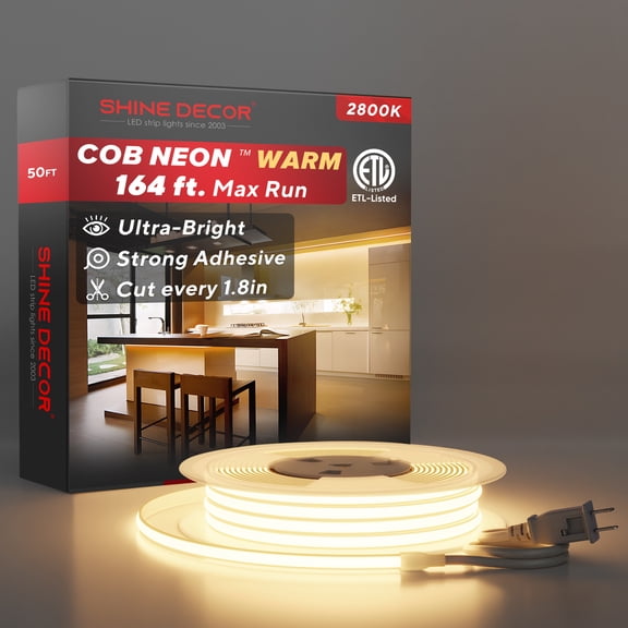 Shine Decor COB LED Neon Rope Light AC110-120V 50ft, 800lm Ultra Bright(2800K Warm White), Dimmable IP65 ETL Neon Strip Light, Cuttable LED Tape Light for Cabinet, Bedroom, Commercial 10x4.5mm