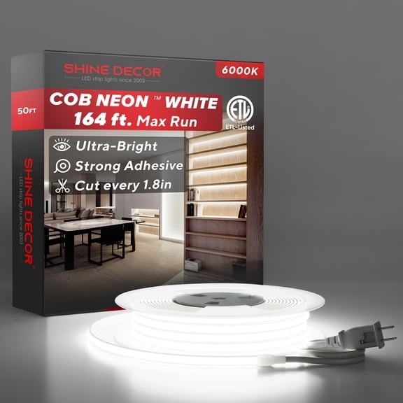 Shine Decor COB LED Neon Rope Light AC110-120V 50ft, 800lm Ultra Bright(6000K Cool White), Dimmable IP65 ETL Neon Strip Light, Cuttable Silicone LED Tape Light for Cabinet,Bedroom,Commercial 10x4.5mm