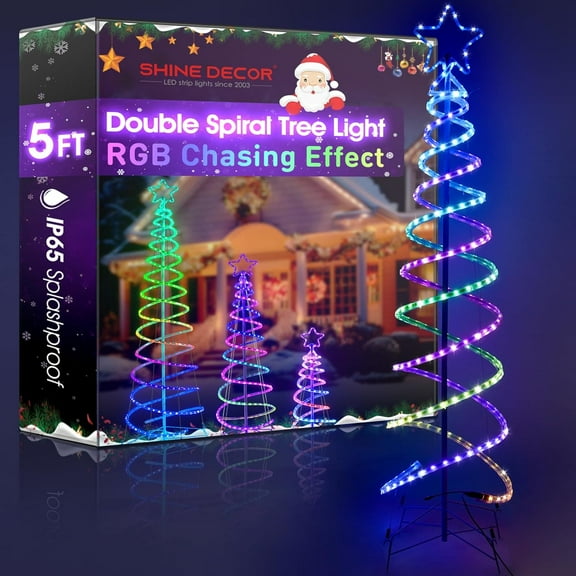 Shine Decor Spiral Tree Light for Christmas, Outdoor Sturdy Dual Spiral Tree-Like Lights, 5FT Holiday Decorative Remote Control RGB Chasing Colorful Tree Lamp with 252 LEDs 24V ETL Adapter