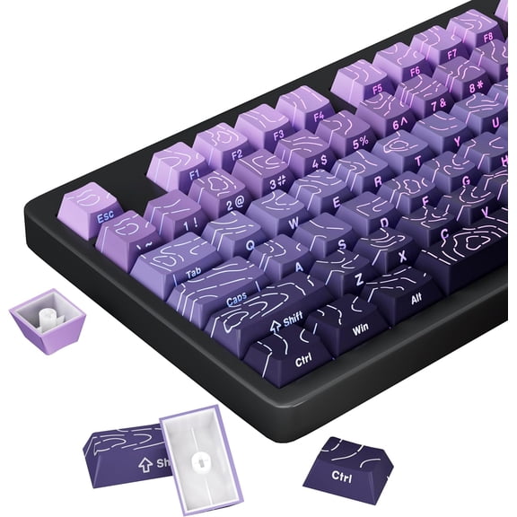 Shine Through PBT Keycaps - Purple Gradient Topographic Backlit Keycaps Set 133 Keys 60 65 75 100 Percent Cherry Profile,Side Printed Double Shot RGB Key Caps for MX Switches Gaming Keyboard