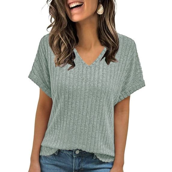 Shine Up Blouses for Women Casual V Neck Shirts Summer Sweaters Short Sleeve Tunic Tops