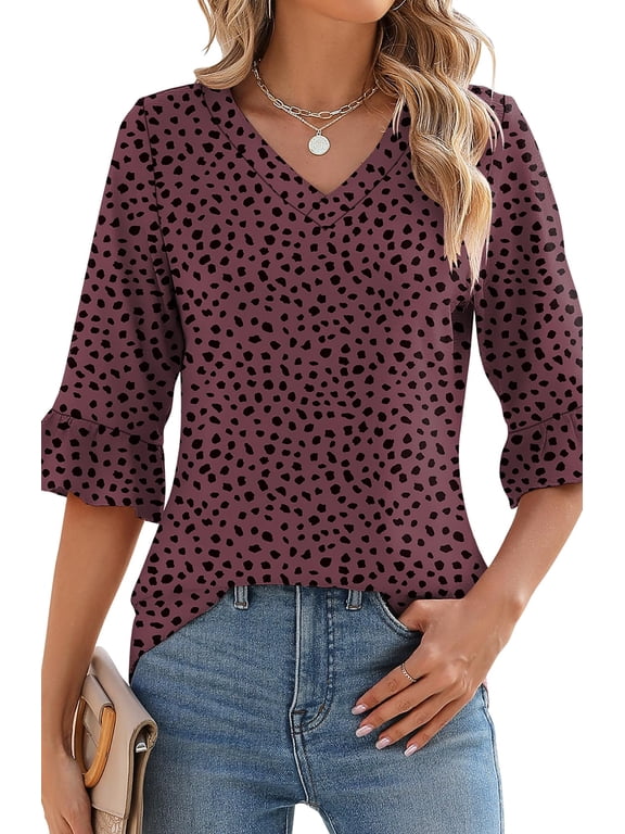 Blouses for Womens Floral Print Tunic Tops Summer V-Neck 3/4 Ruffle Sleeve Blouse