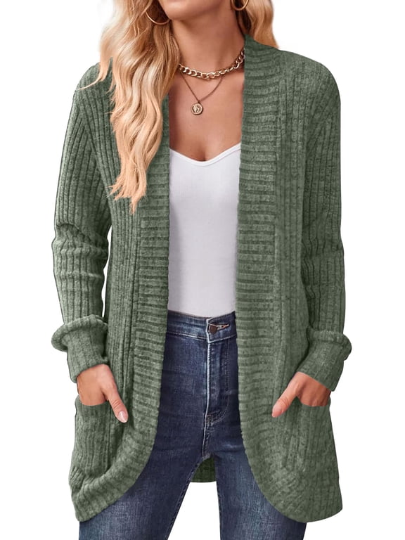Cardigan for Women Rib Knit Long Sleeve Tops Casual Lightweight Open Front Cardigans with Pockets