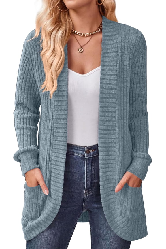 Cardigan for Women Rib Knit Long Sleeve Tops Casual Lightweight Open Front Cardigans with Pockets