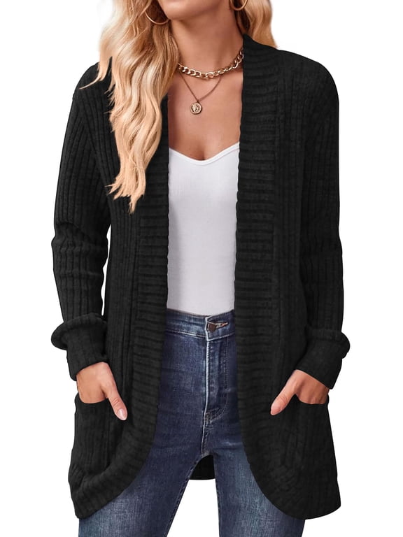 Cardigan for Women Rib Knit Long Sleeve Tops Casual Lightweight Open Front Cardigans with Pockets