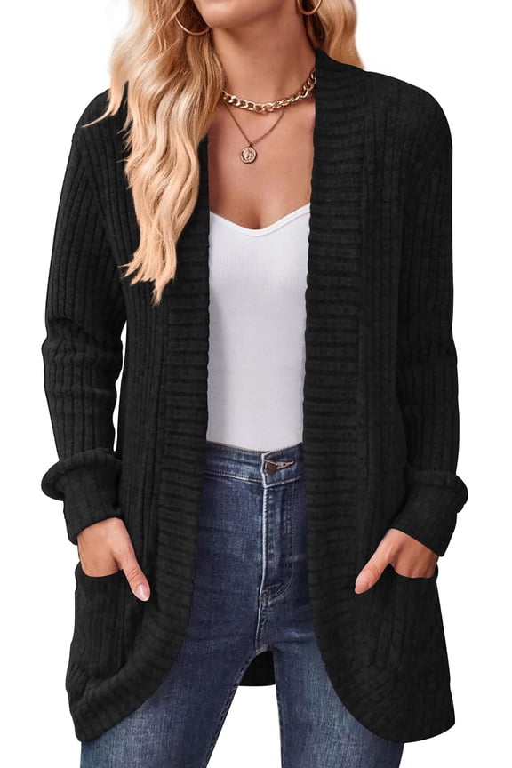 Cardigan for Women Rib Knit Long Sleeve Tops Casual Lightweight Open Front Cardigans with Pockets