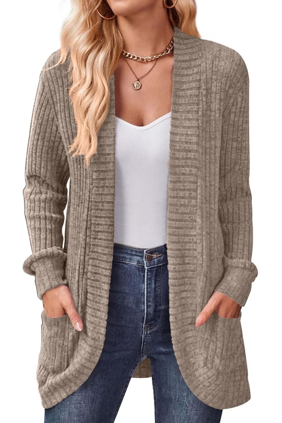 Cardigan for Women Rib Knit Long Sleeve Tops Casual Lightweight Open Front Cardigans with Pockets