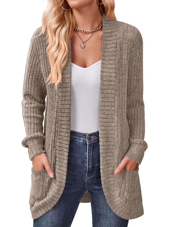 Cardigan for Women Rib Knit Long Sleeve Tops Casual Lightweight Open Front Cardigans with Pockets