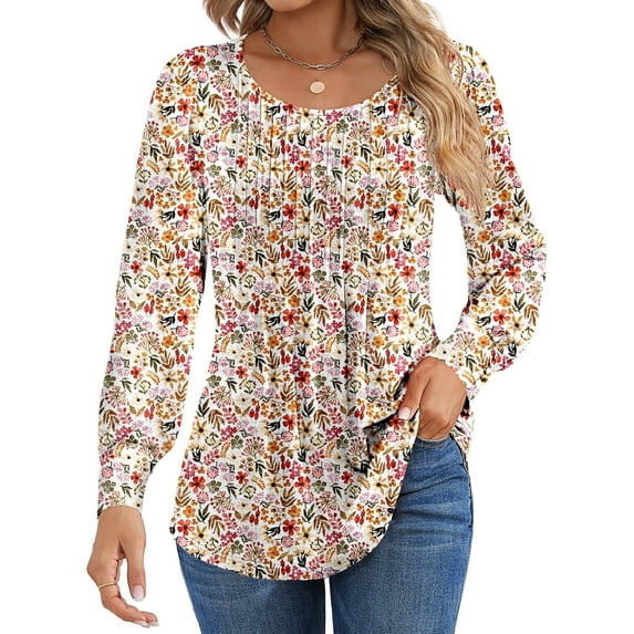 Shine Up Floral Blouses for Women Pleated Long Sleeve Shirts Casual Crewneck Tunic Tops