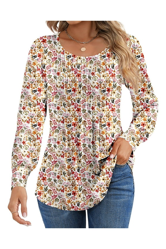 Floral Blouses for Women Pleated Long Sleeve Shirts Casual Crewneck Tunic Tops