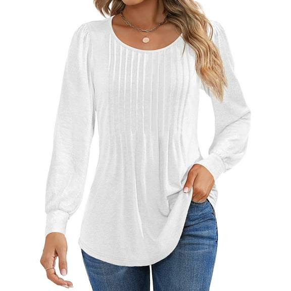 Shine Up Floral Blouses for Women Pleated Long Sleeve Shirts Casual Crewneck Tunic Tops