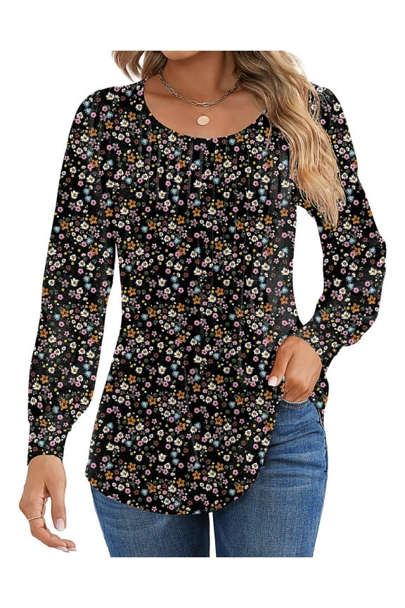 Floral Blouses for Women Pleated Long Sleeve Shirts Casual Crewneck Tunic Tops