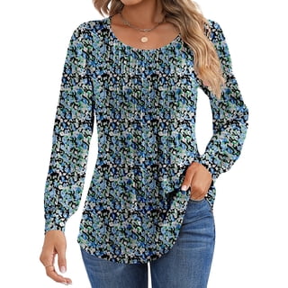 Shine Up Floral Blouses for Women Pleated Long Sleeve Shirts Casual Crewneck Tunic Tops