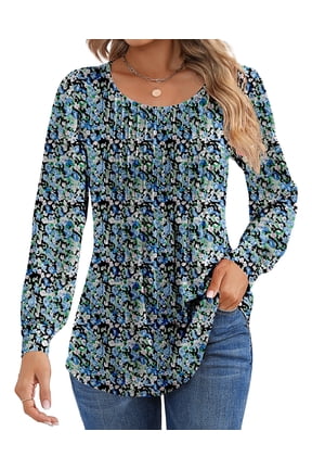 Floral Blouses for Women Pleated Long Sleeve Shirts Casual Crewneck Tunic Tops