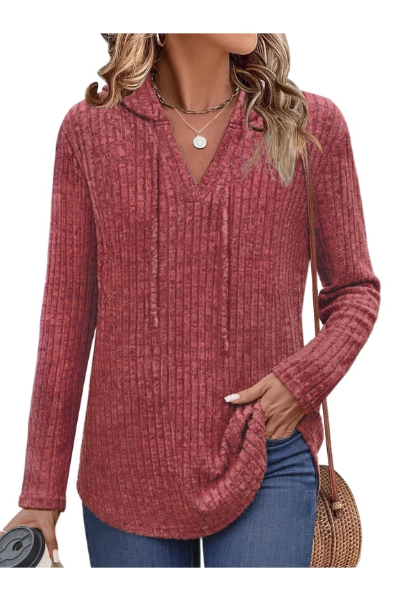 Hoodies for Women Ribbed V Neck Knit Pullover Sweater Fall Hooded Sweatshirts