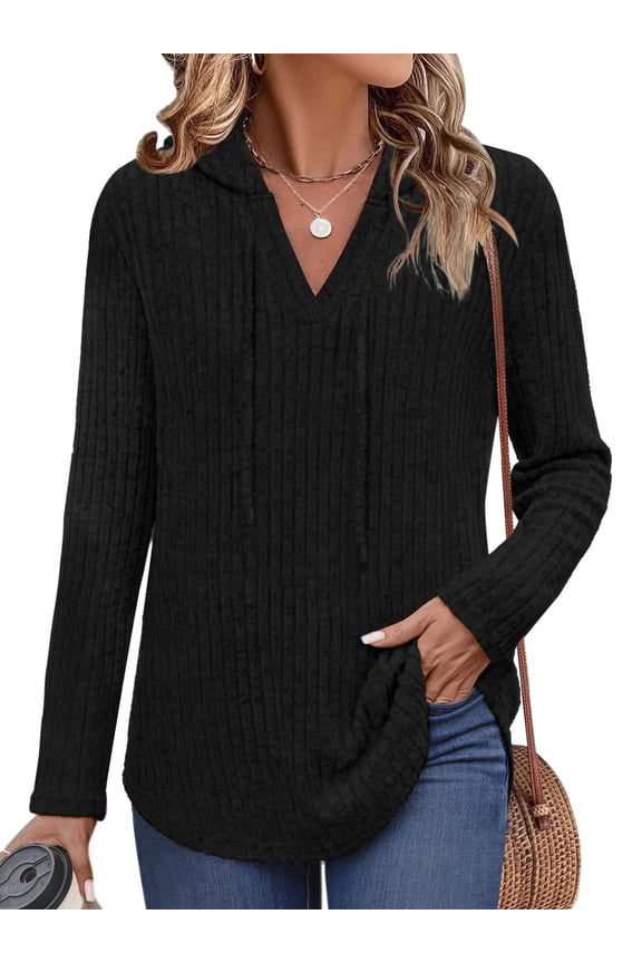 Hoodies for Women Ribbed V Neck Knit Pullover Sweater Fall Hooded Sweatshirts