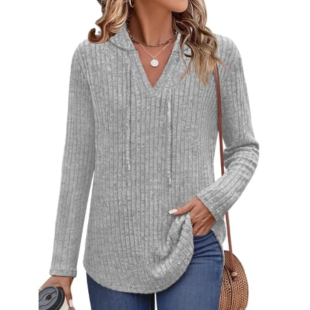 Shine Up Hoodies for Women Ribbed V Neck Knit Pullover Sweater Fall Hooded Sweatshirts