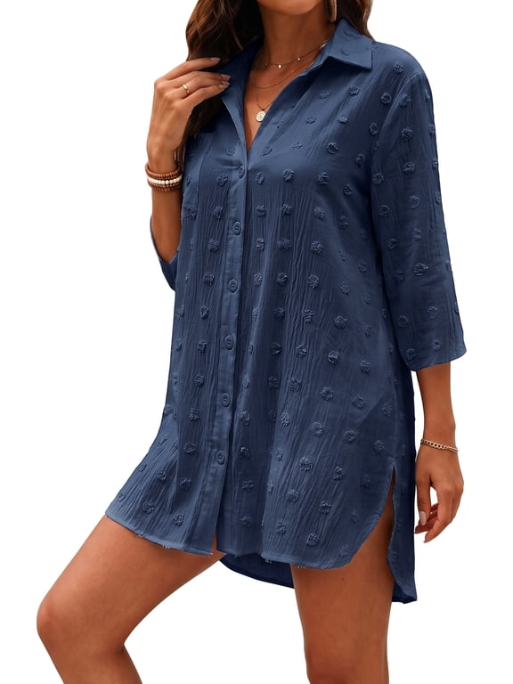 Swimsuit Coverups for Women Chiffon Bikini Swimwear Summer Beach Cover-Up Loose Pom Pom Shirt Dress
